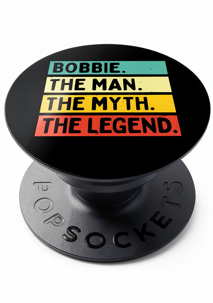 PopSocket expanded on a smartphone showing retro text design