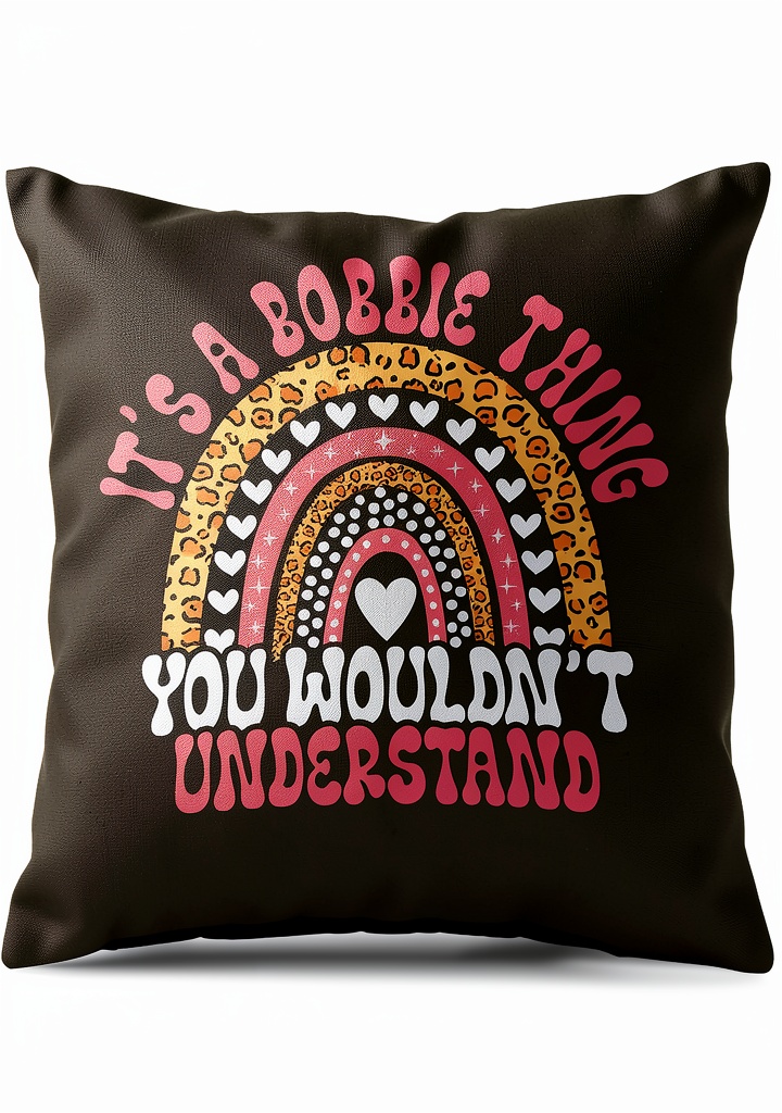 Funny Bobbie Throw Pillow displayed on a cozy sofa