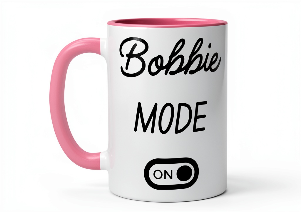 Bobbie Mode On ceramic mug in Pink/White color on a kitchen counter