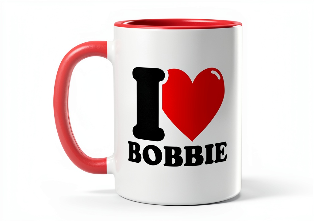 I heart Bobbie design ceramic mug in Red/White color on a table