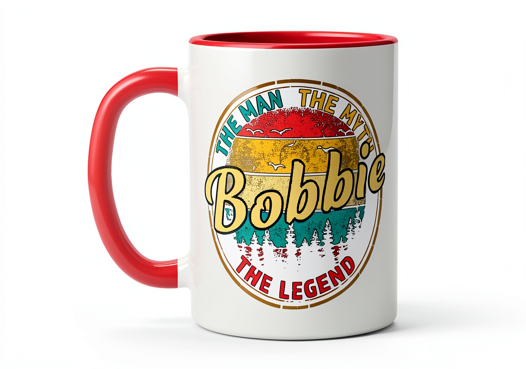 Bobbie custom name mug in red and white colors on a kitchen counter