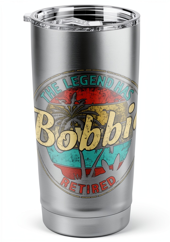 Personalized Retirement Apparel Bobbie Tumbler in use on a desk