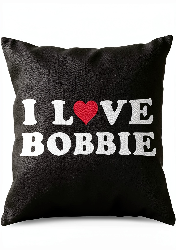 I Love Bobbie throw pillow displayed on a couch with heart design visible