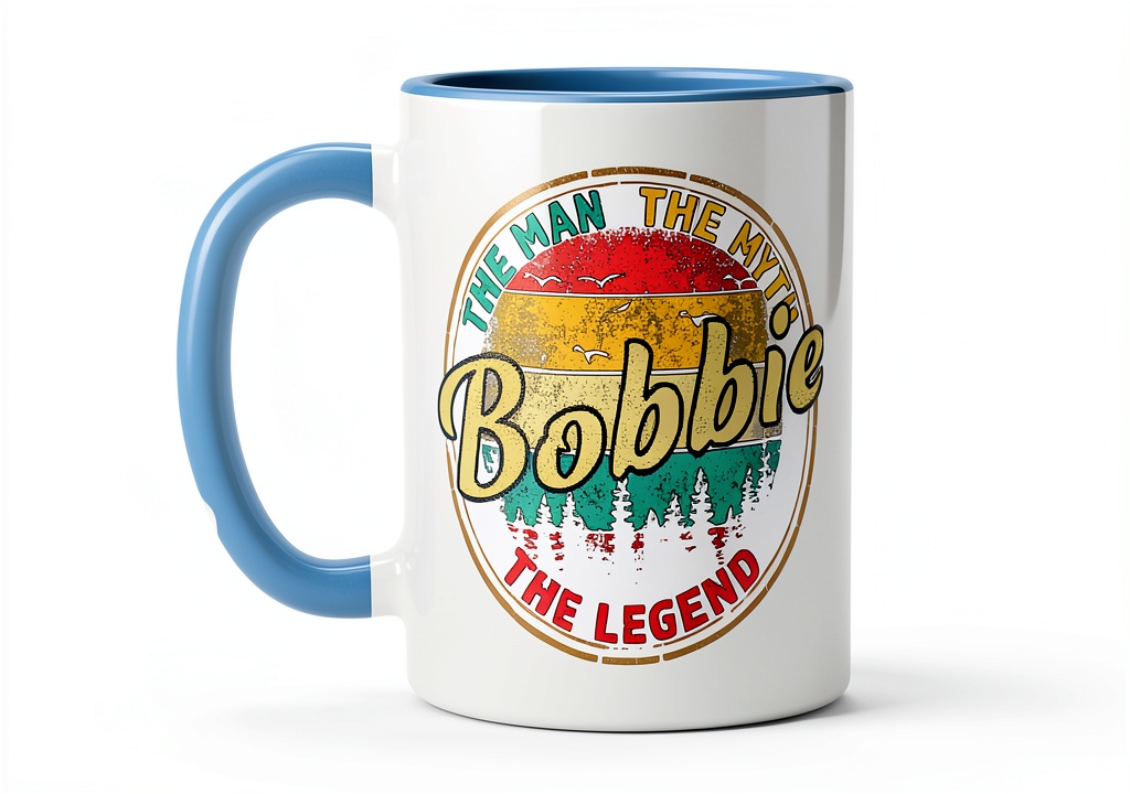 Bobbie custom name mug in Blue/White color on a table