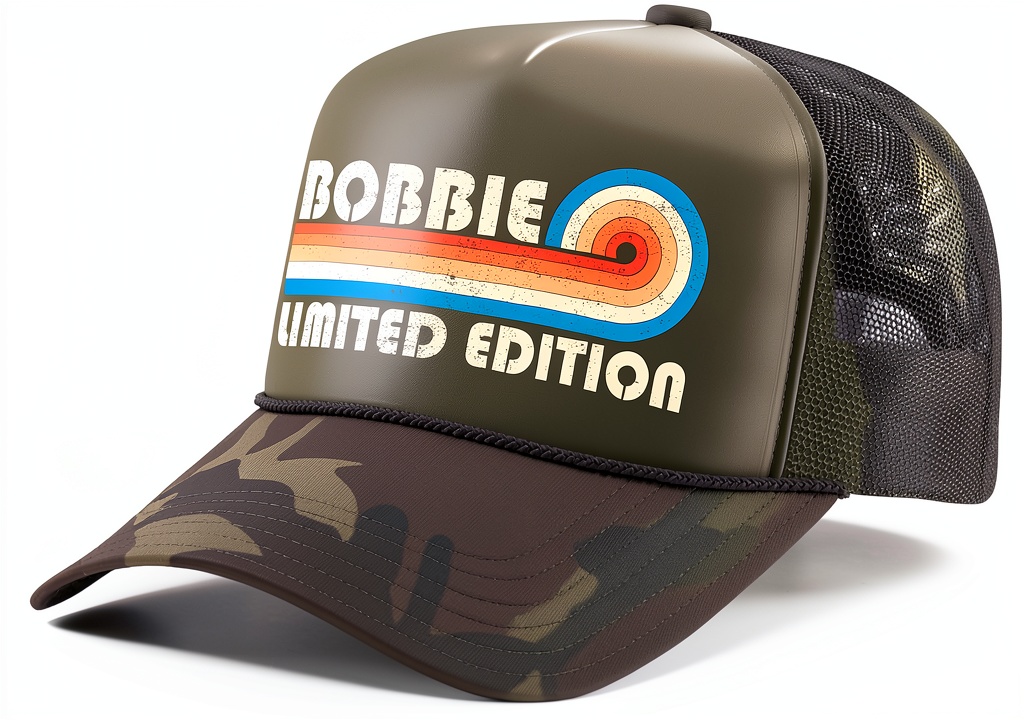 Retro Name Vault distressed trucker hat showing sunset stripe name design