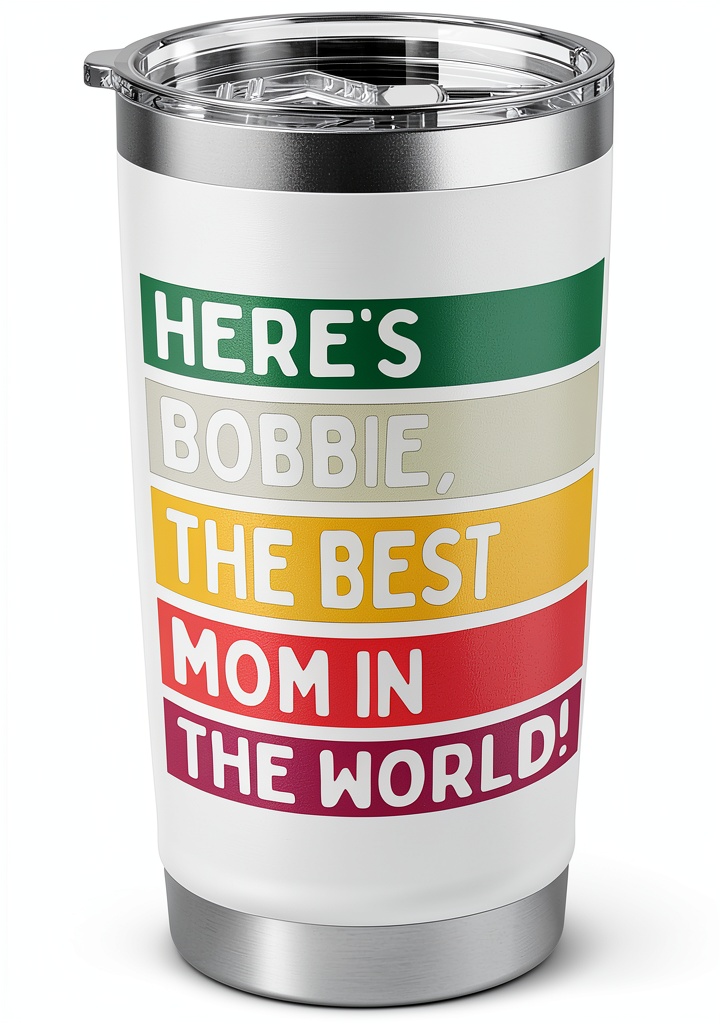 Personalized Gift Ideas Bobbie insulated tumbler in use on a table
