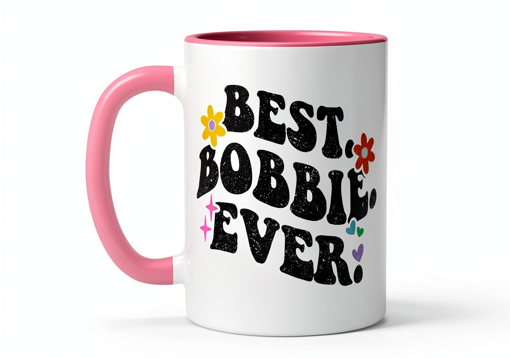 Personalized Mothers Day Mug in Pink and White colors on a kitchen counter