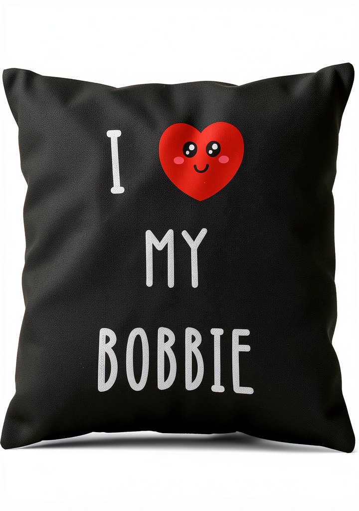 I Love My Bobbie Name Funny Throw Pillow displayed on a cozy sofa
