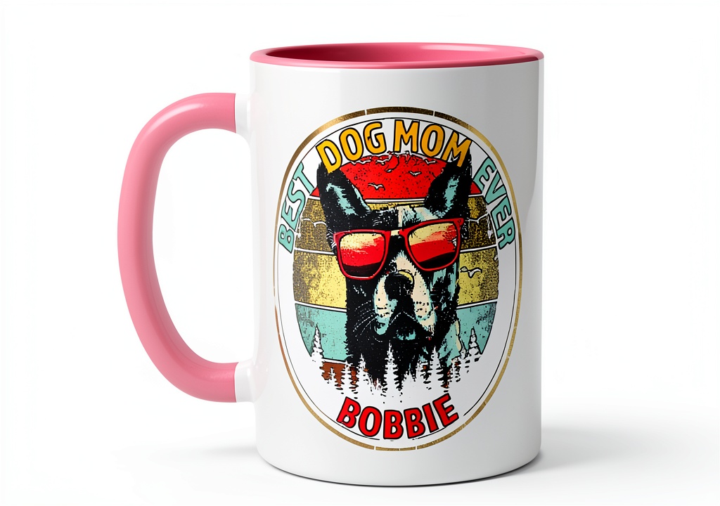 Bobbie custom name shirt mug in Pink/White color on a kitchen counter