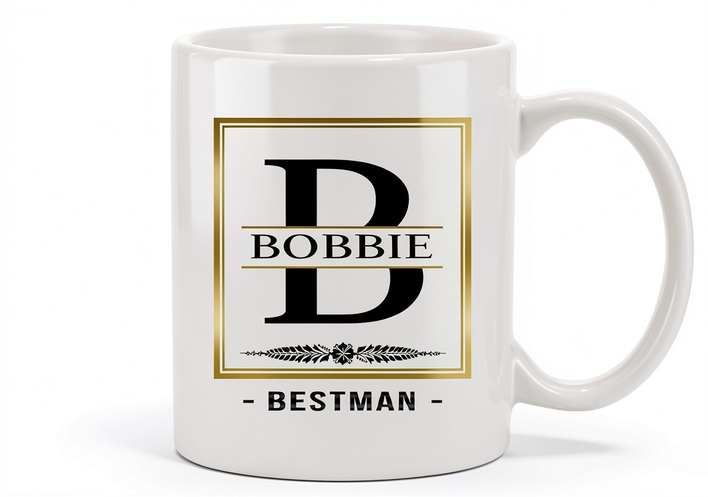 White funny fashion mug on a table with coffee