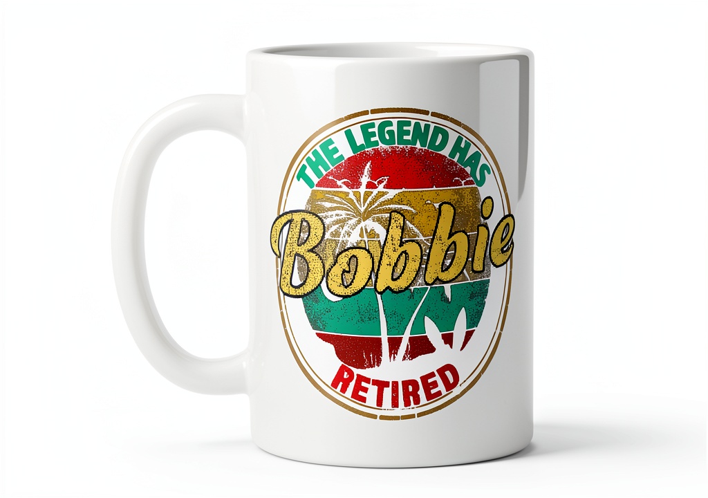 Customized ceramic mug with Bobbie's name and retirement message