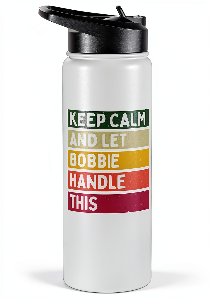 Installing Personalized Bobbie Water Bottle Stainless Steel Insulated on a wooden desk