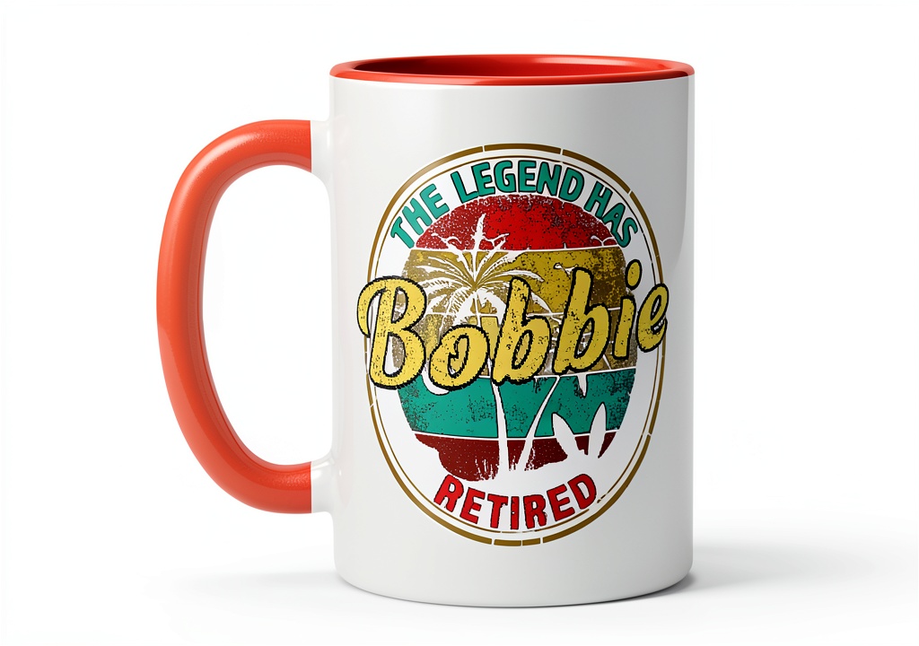 Bobbie retirement ceramic mug displayed on a kitchen counter