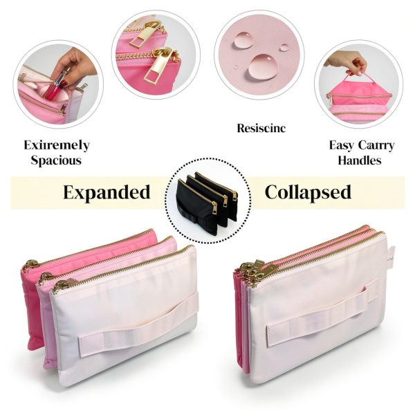 Accordion Travel Makeup Bag BOBBIE 6x9 3-Compartment Water-Resistant-1
